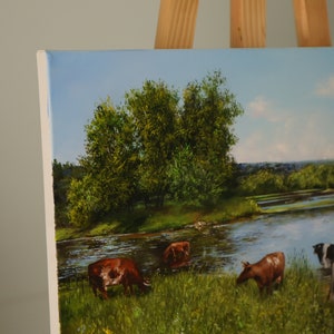 Cow Farm Life Original OIl Painting on Canvas, Farm Animal Fine Art, Pastoral Landscape, Narure Artwork, Farmer Cow Painting, Grazing Cattle image 4