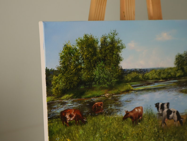 Cow Farm Life Original OIl Painting on Canvas, Farm Animal Fine Art, Pastoral Landscape, Narure Artwork, Farmer Cow Painting, Grazing Cattle image 4