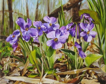 Wild Violets Original oil Painting on canvas, Violet Flowers Bouquet, Forest Fine Art, Wall Art Original,  Ukrainian realism, Memorable Gift