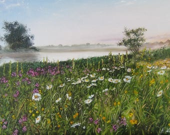 Summer Landscape painting original oil on canvas, Serene landscape wall art, Greenery Scene, Grass field, Realistic, Nature paintings craft