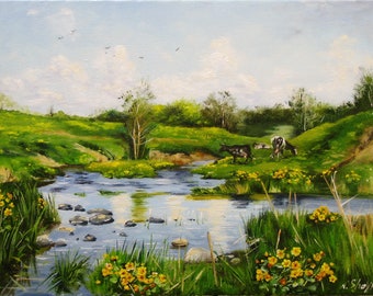 Original Oil Painting Spring Landscape Canvas Art, Cows Painting, Meadow Grasses Art, Farm Wall Art, Countryside Landscape, Nature Landscape