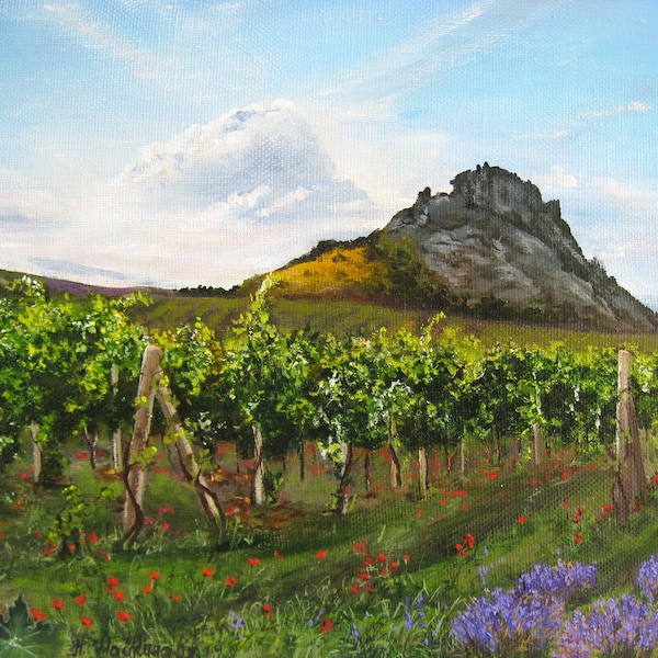 Serene Vineyards and Lavender Fields Original Oil Painting Meadow Landscape Art Colorful Artwork, Mountain Canvas Art, Farmhouse Wall Decor