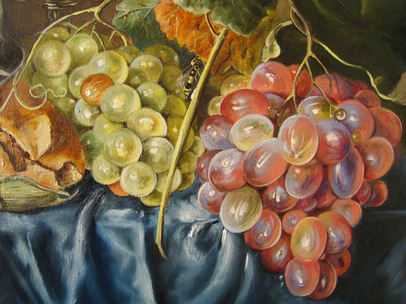 Oil Painting Dutch Still Life Hand Painted Canvas, Oysters, Grapes, Lemons, Realistic Fine Art image 4