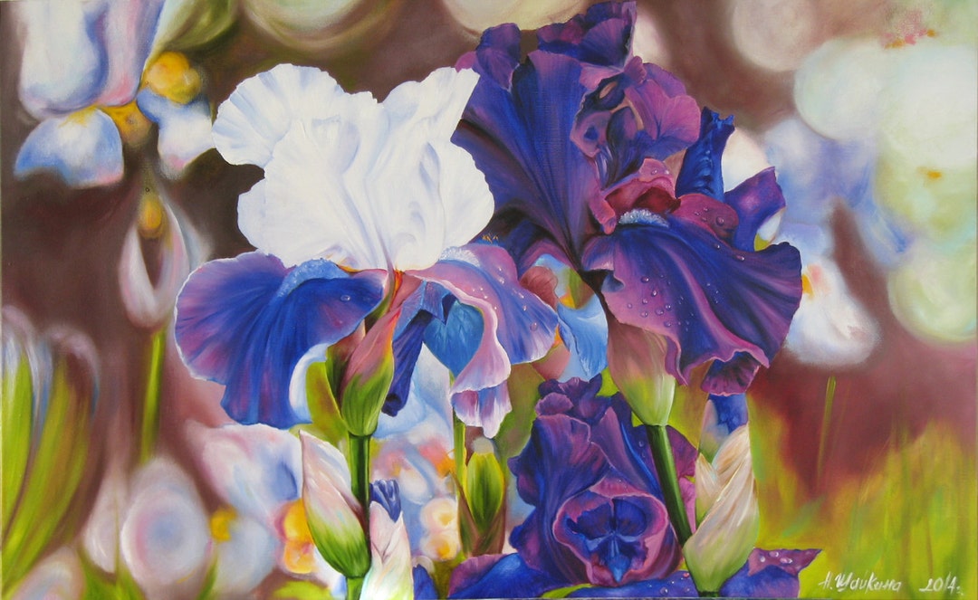 Iris Flower Original Painting Oil Canvas, Modern Botanical Art, Purple ...