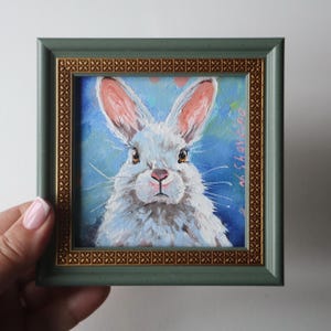 Framed Bunny Oil Painting: Original Miniature Animal Art