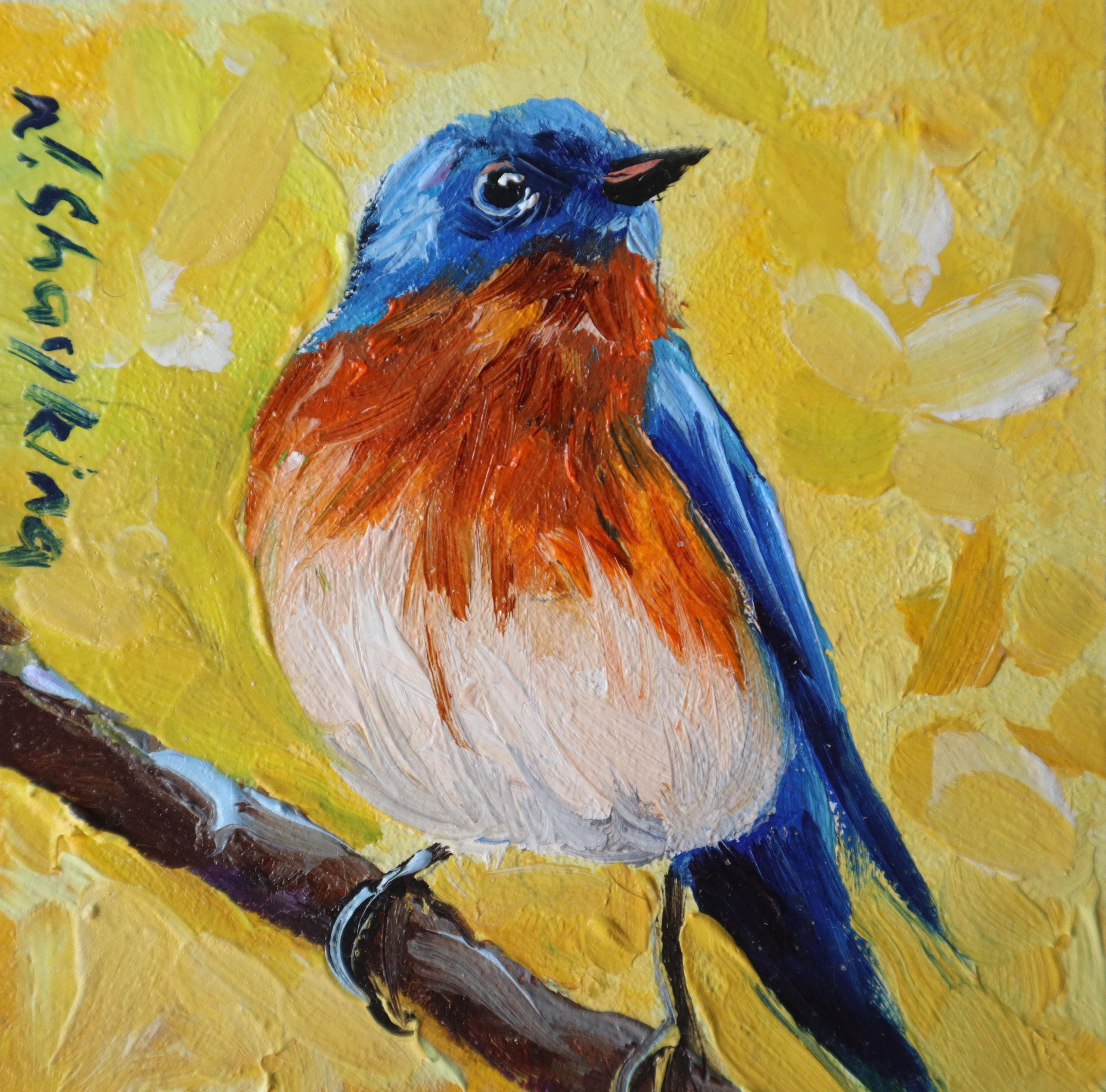 ［bluebird］絵画　油絵　※値段交渉あり Original Bluebird Oil Painting, Small Bird Art, Gold Framed Nature