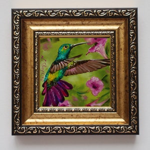 Hummingbird lover, Colorful hummingbird painting Collection Art, Humminbird Hovering Artwork framed 4x4, Backyard Birds Art, Bird Lover Gift