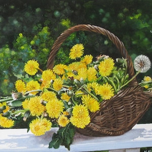 Dandelion Paintings Original Oil on Canvas, Yellow Flowers in a basket, Floral Still Life, Flower Wall Decor, Gift for Mom, Dandelions Art