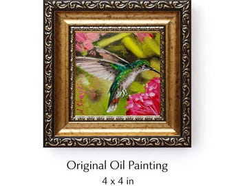 Original Oil Painting Hummingbird, Flower Backyard Birds, Hand Painted Art (4 x 4 in)
