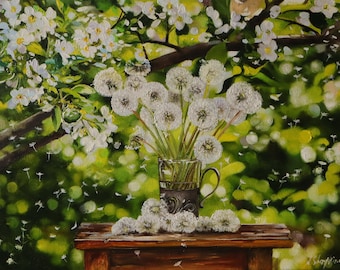 Dandelion Seed Head Original Oil Painting, White Flower Still Life, Hand-Painted Canvas 12x16 in