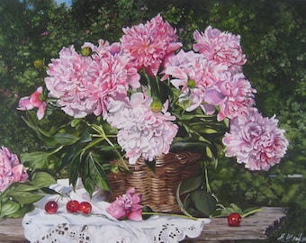 Peonies in the Sun, Original Oil Painting Flowers, Pink Canvas Art Contemporary Painting Bouquet of Peony Painting Floral Artwork Still Life