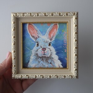 Framed Bunny Miniature Painting: Original Rabbit Art, 4x4 Impressionist Style