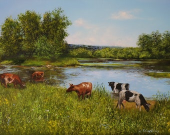 Original Cows Oil Painting, Summer Countryside Landscape, Hand Painted Canvas