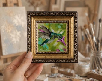 Hummingbird Original Oil Painting in Golden Frame, Bird and Flower, Animals Artwork, Mini Wall Art, American Birds