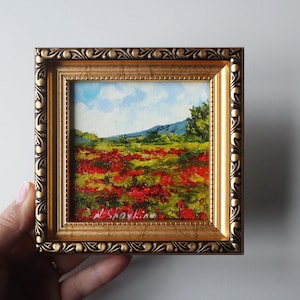California Poppy Painting, Tiny Framed Art, Mini Oil Painting Poppies, Original artwork, Miniature Wall Art, Valentines Day gift