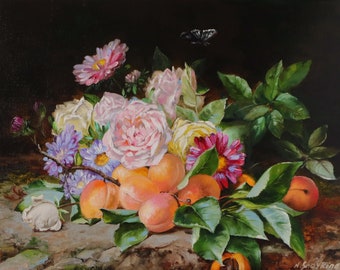 Original Oil Painting Moody Flowers Still Life, Pink Roses Artwork, Purple Asters, Apricots on Branch, Garden Scene on Dark Background Wall