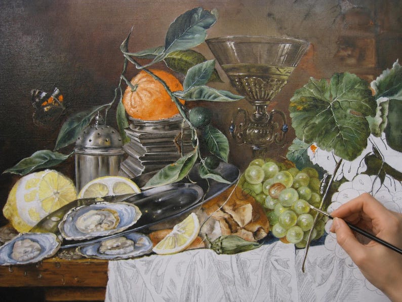May include: A still life oil painting in progress featuring a bright orange, green grapes, sliced lemons, oysters on a silver platter, a metal shaker, and an ornate glass goblet. A small butterfly is visible on the left side of the composition.