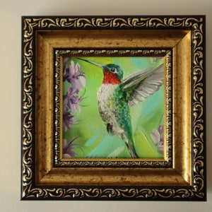 Hummingbird oil painting original 4x4 framed artwork, Valentines day Gifts, Mothers day gift, Bird wall decor, Hummingbird Art for Wall