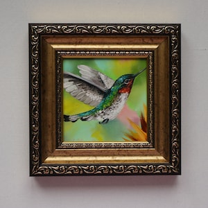 Hummingbird ART Oil PAINTING ORIGINAL framed 4x4, American Birds Wall Art, Backyard Birds, Thanks gift, Hummingbird lover