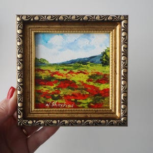 Mini Poppy Field Oil Painting, 4x4 Original Landscape Art, Red Flower Meadow Wall Decor, Impressionist Small Nature Artwork, Gift Idea