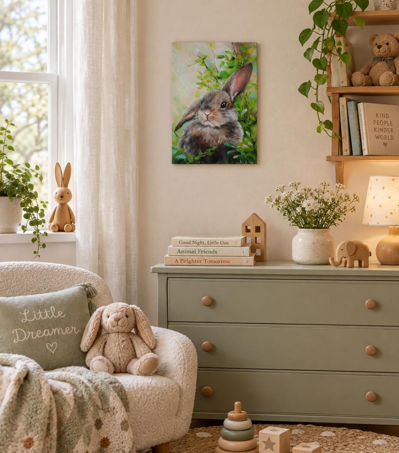 May include: A rectangular wall art print featuring a realistic painting of a brown rabbit nestled among green foliage. The artwork displays soft lighting and natural tones, capturing the rabbit's fur texture and alert expression in a detailed style.