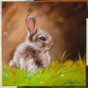 Original Oil Painting Rabbit in Grass, Impressionist Animal Artwork, Nursery Wall Decor imagem 3