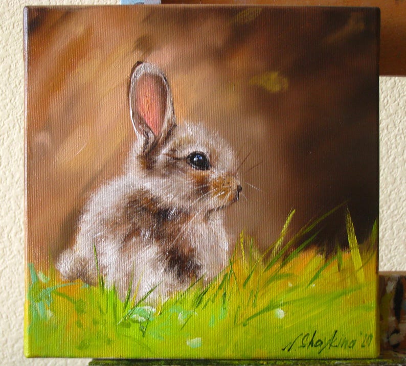 Original Oil Painting Rabbit in Grass, Impressionist Animal Artwork, Nursery Wall Decor imagem 3