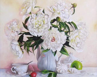 Original Oil Painting White Peonies Still Life Floral Wall Art (40x50 cm)