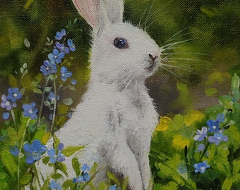 White Rabbit Oil Painting Original, Bunny Animal Art 8x12