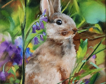 Bunny Painting Oil Canvas, Rabbit Original Artwork, Hare Lover Gift, Animal Nursery Art