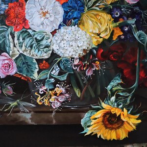 May include: A still life painting of a vibrant floral arrangement in a clear glass vase. The bouquet features a variety of flowers in shades of red, white, yellow, and blue, including roses, tulips, and a sunflower. A butterfly and insect are also depicted.