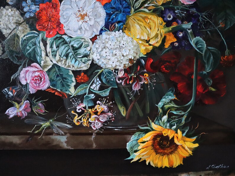 May include: A still life painting of a vibrant floral arrangement in a clear glass vase. The bouquet features a variety of flowers in shades of red, white, yellow, and blue, including roses, tulips, and a sunflower. A butterfly and insect are also depicted.