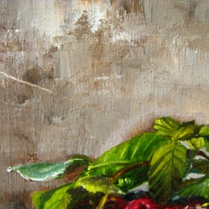 May include: An oil painting on canvas featuring a cluster of vibrant red raspberries nestled beneath bright green leaves. The background consists of textured, neutral gray and brown brushstrokes, creating a muted contrast to the fruit.