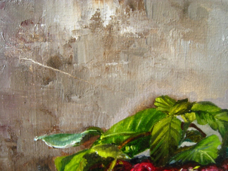 May include: An oil painting on canvas featuring a cluster of vibrant red raspberries nestled beneath bright green leaves. The background consists of textured, neutral gray and brown brushstrokes, creating a muted contrast to the fruit.