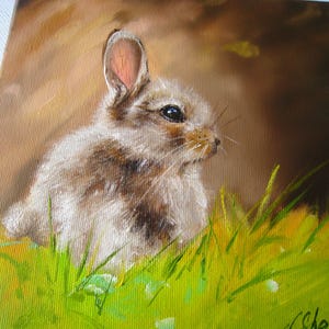 Original Oil Painting Rabbit in Grass, Impressionist Animal Artwork, Nursery Wall Decor imagem 6