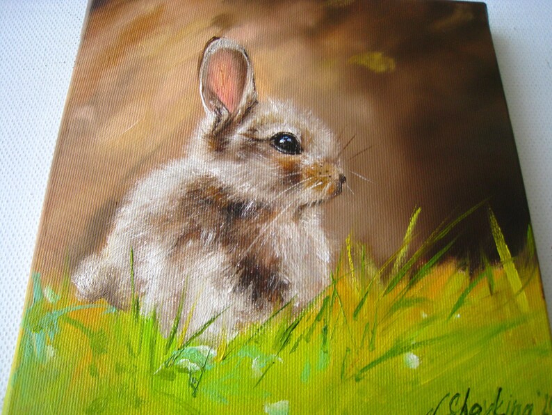 Original Oil Painting Rabbit in Grass, Impressionist Animal Artwork, Nursery Wall Decor imagem 6