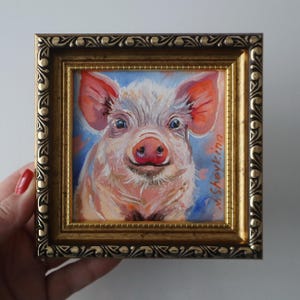 Mini Pig Portrait Original Oil Painting 4x4, Cute Farm Animal Wall Art, Whimsical Piglet Artwork, Framed Nursery Decor, Small Animal Gift