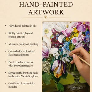 May include: An oil painting of a floral bouquet in a glass vase, featuring white, purple, and yellow flowers. The text reads: ORIGINAL HAND-PAINTED ARTWORK, 100% hand-painted in oils, Richly detailed, layered original artwork, Museum-quality oil painting.