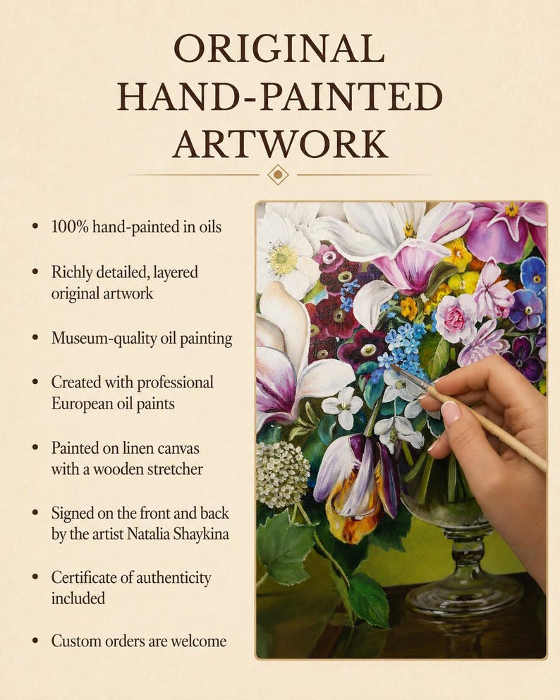 May include: An oil painting of a floral bouquet in a glass vase, featuring white, purple, and yellow flowers. The text reads: ORIGINAL HAND-PAINTED ARTWORK, 100% hand-painted in oils, Richly detailed, layered original artwork, Museum-quality oil painting.