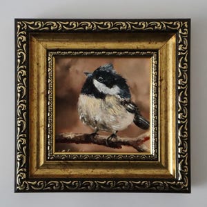 Bird Painting Original in Frame, Christmas Art Gift, Miniature Small Oil Painting, Bird Art, Small Art Frame Bird on Branch, valentines day