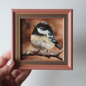 Bird Painting Original in Frame Valentine&#39;s day gift Miniature Small Oil Painting, Cute Bird Art Gift for Her Small Art Frame Bird on Branch