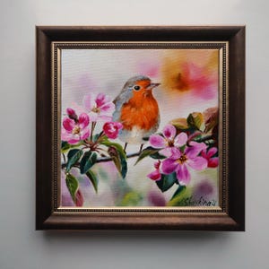 Robin Art Original Oil Painting Bird Art Canvas, Animal Painting Framed 8 x 8, Paintings by artist, Home Wall Art Decor, Nature Lover Gift