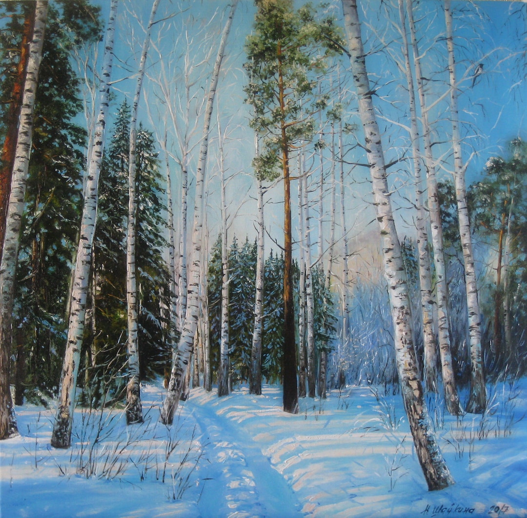 Winter Forest Oil Painting With Snow and Birch Trees, Original Nature ...