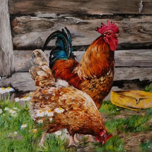 Rustic Rooster and Hen Painting original Chickens Oil canvas Barnyard Art scene Countryside wall art Farm life Artwork Farmhouse wall decor