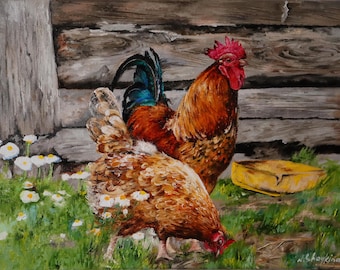 Original Oil Painting Rooster and Hen, Rustic Farmhouse Barnyard Art Canvas, Rural Landscape, Farm Scene, Countryside Artwork