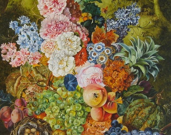 Original Large Dutch Still Life Oil Painting, Hand-Painted Canvas Fruit and Flowers, European Fine Art