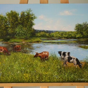 Cow Farm Life Original OIl Painting on Canvas, Farm Animal Fine Art, Pastoral Landscape, Narure Artwork, Farmer Cow Painting, Grazing Cattle image 3