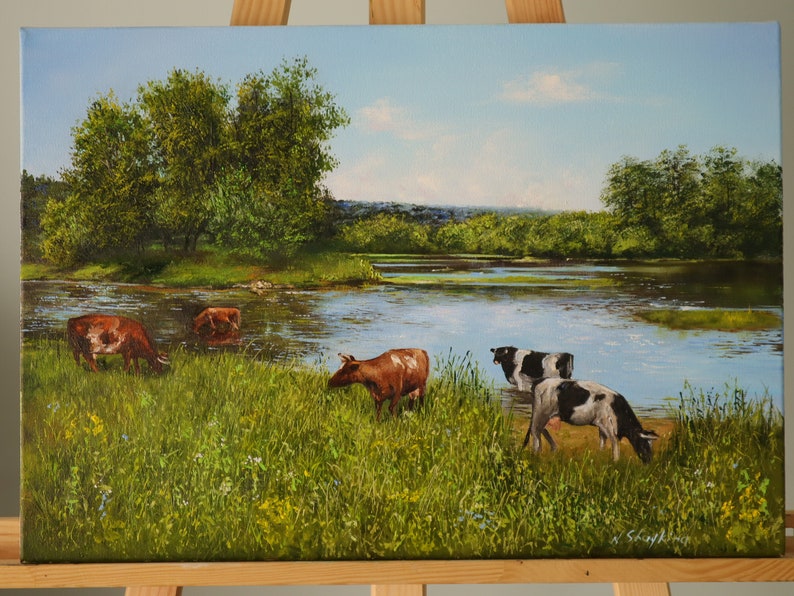 Cow Farm Life Original OIl Painting on Canvas, Farm Animal Fine Art, Pastoral Landscape, Narure Artwork, Farmer Cow Painting, Grazing Cattle image 3