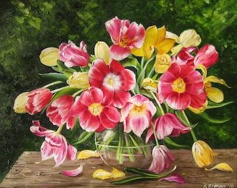 Original Oil Painting Tulips Floral Still Life, Realistic Botanical Wall Art