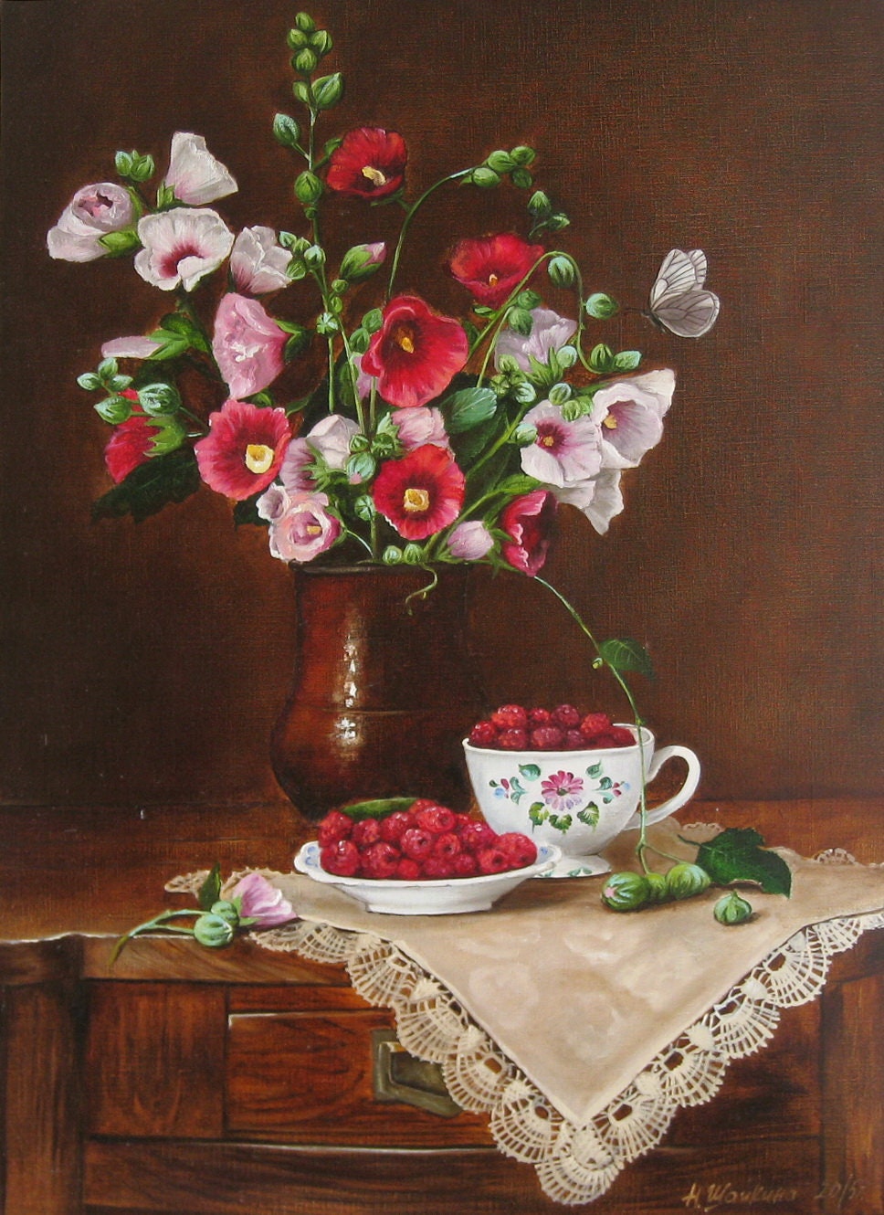 Pink Hollyhocks Oil Painting Still Life Flowers in the Pitcher